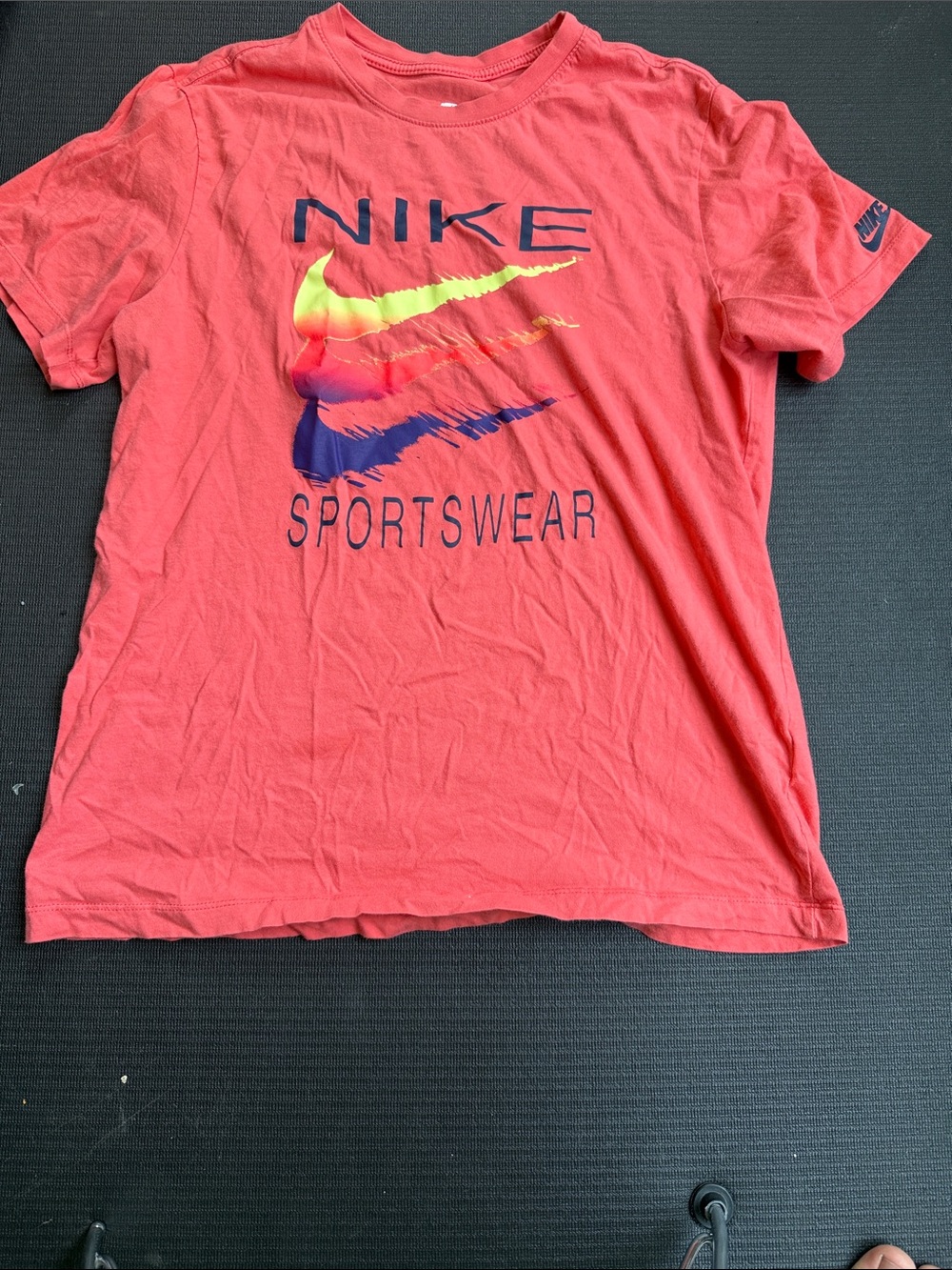 Nike Men’s Coral Red Short Sleeve Sportswear Tee with Multicolor Swoosh